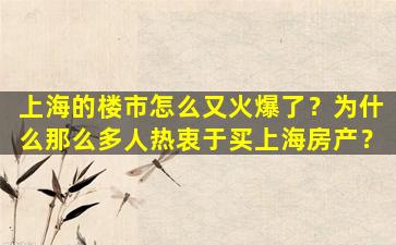 上海的楼市怎么又火爆了？为什么那么多人热衷于买上海房产？